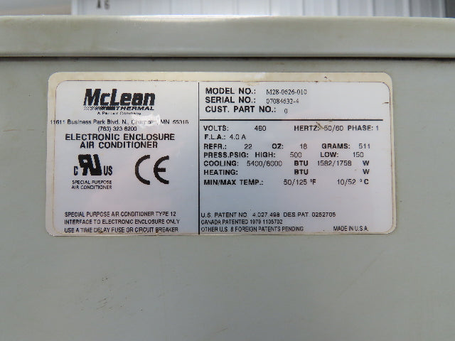 McLean M28-0626-010 Electrical Enclosure Air Conditioner 6000 BTU 460V 1Ph