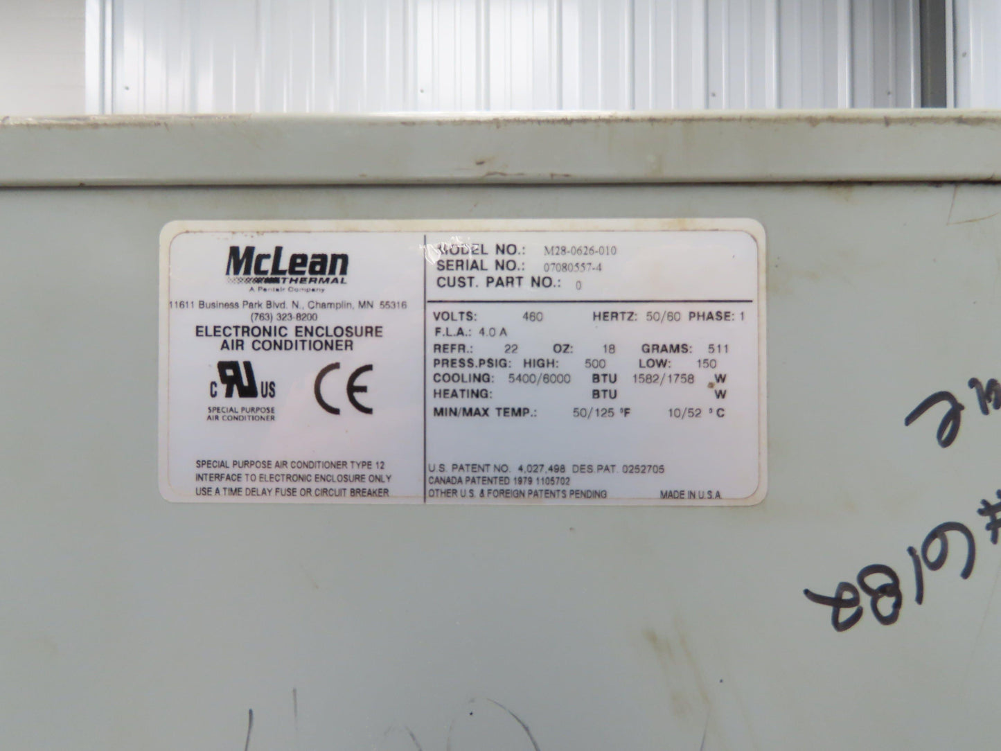 McLean M28-0626-010 Electrical Enclosure Air Conditioner 6000 BTU 460V 1Ph