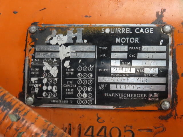 P&H HEH Squirrel Cage Crane Duty AC Motor 3Hp 1675 RPM 230/460V 3PH 213S