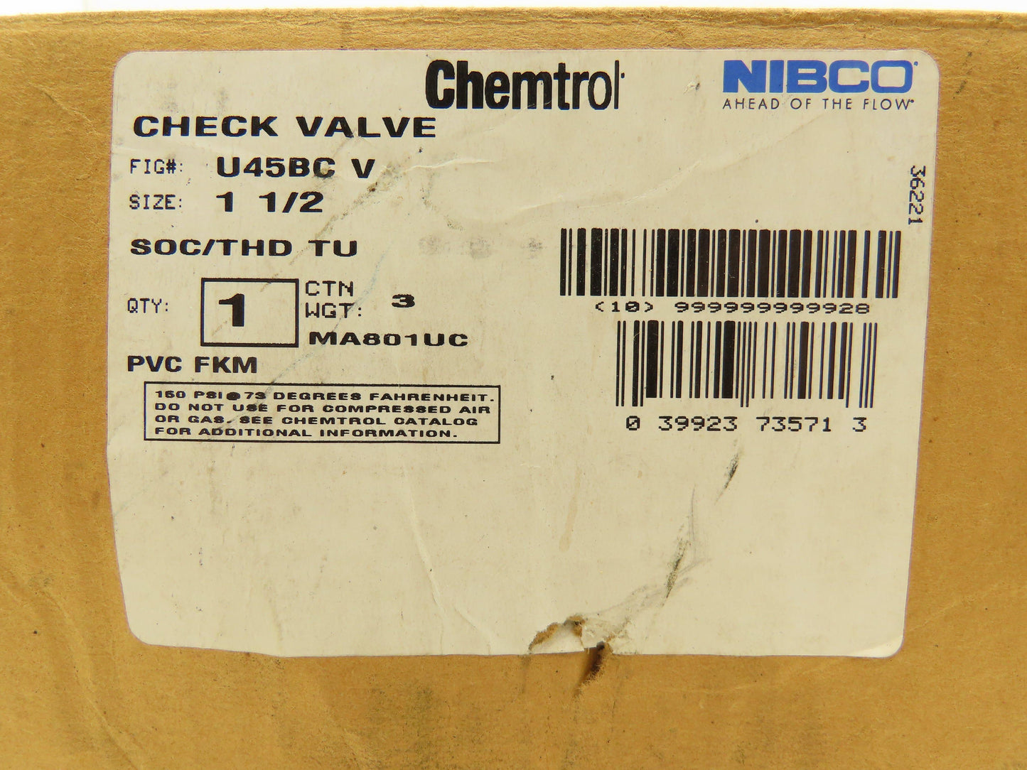 NIBCO U45BC V Check Valve 1 1/4" Chemtrol Body 1 1/2" End Fittings Glue And NPT