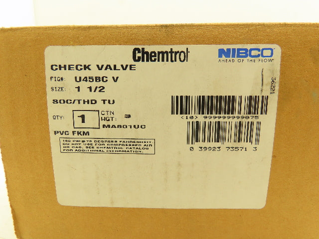 NIBCO U45BC V Check Valve 1 1/4" Chemtrol Body 1 1/2" End Fittings Glue And NPT