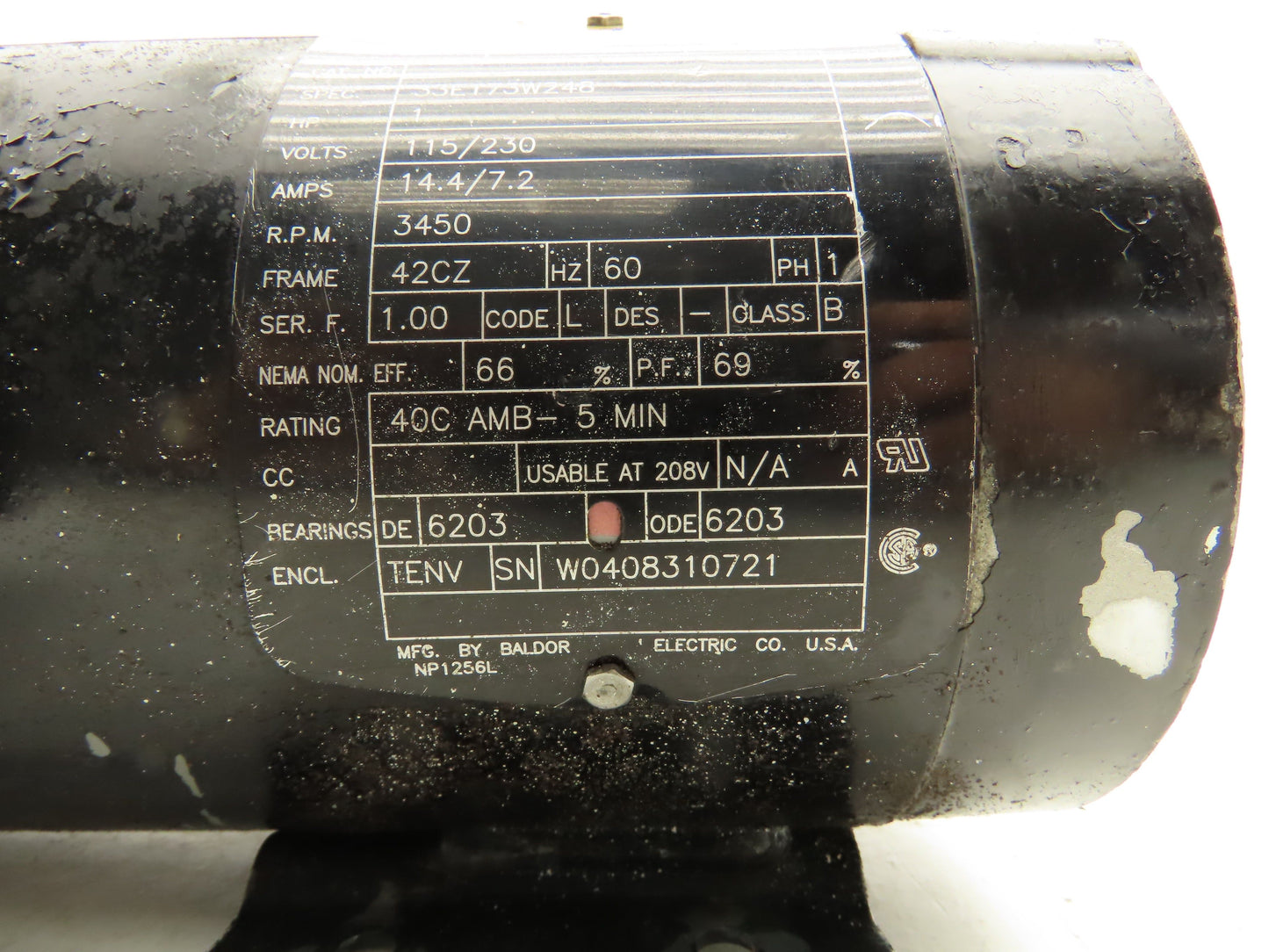 Baldor 33E173W248 AC Motor 1Hp 3450rpm 115/230v 1ph 42CZ TENV