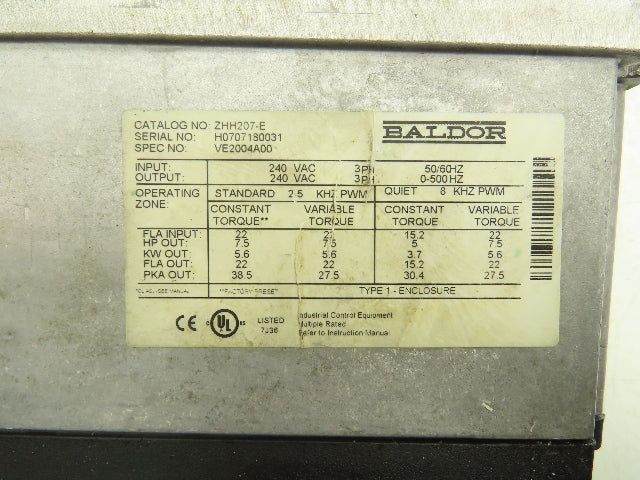 Baldor H2 Vector H2 Vector VFD Variable Frequency AC Drive 7.5Hp 240VAC 3PH