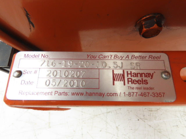 Hannay Reels 716-19-20-10.5J SR Retractable Industrial Air Hose Reel 1/2" X 36'