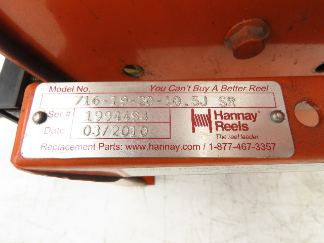 Hannay Reels 716-19-20-10.5J SR Retractable Industrial Air Hose Reel 1/2" X 38'