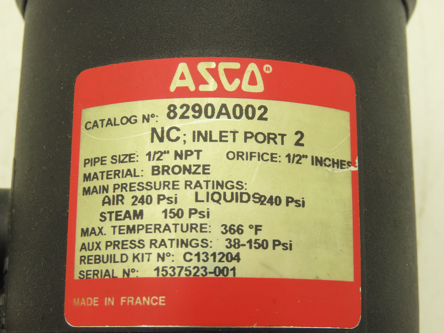 ASCO 8290A002 Piston Valve Angle Body 1/2" NPT Air/Liquid 240PSI Steam 150PSI