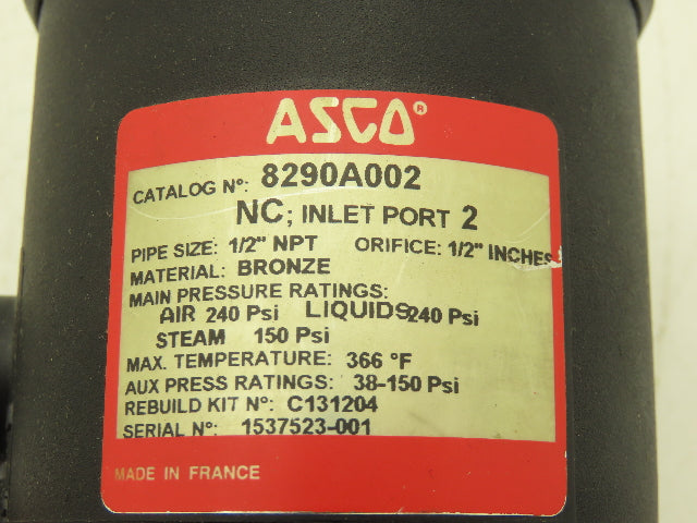 ASCO 8290A002 Piston Valve Angle Body 1/2" NPT Air/Liquid 240PSI Steam 150PSI