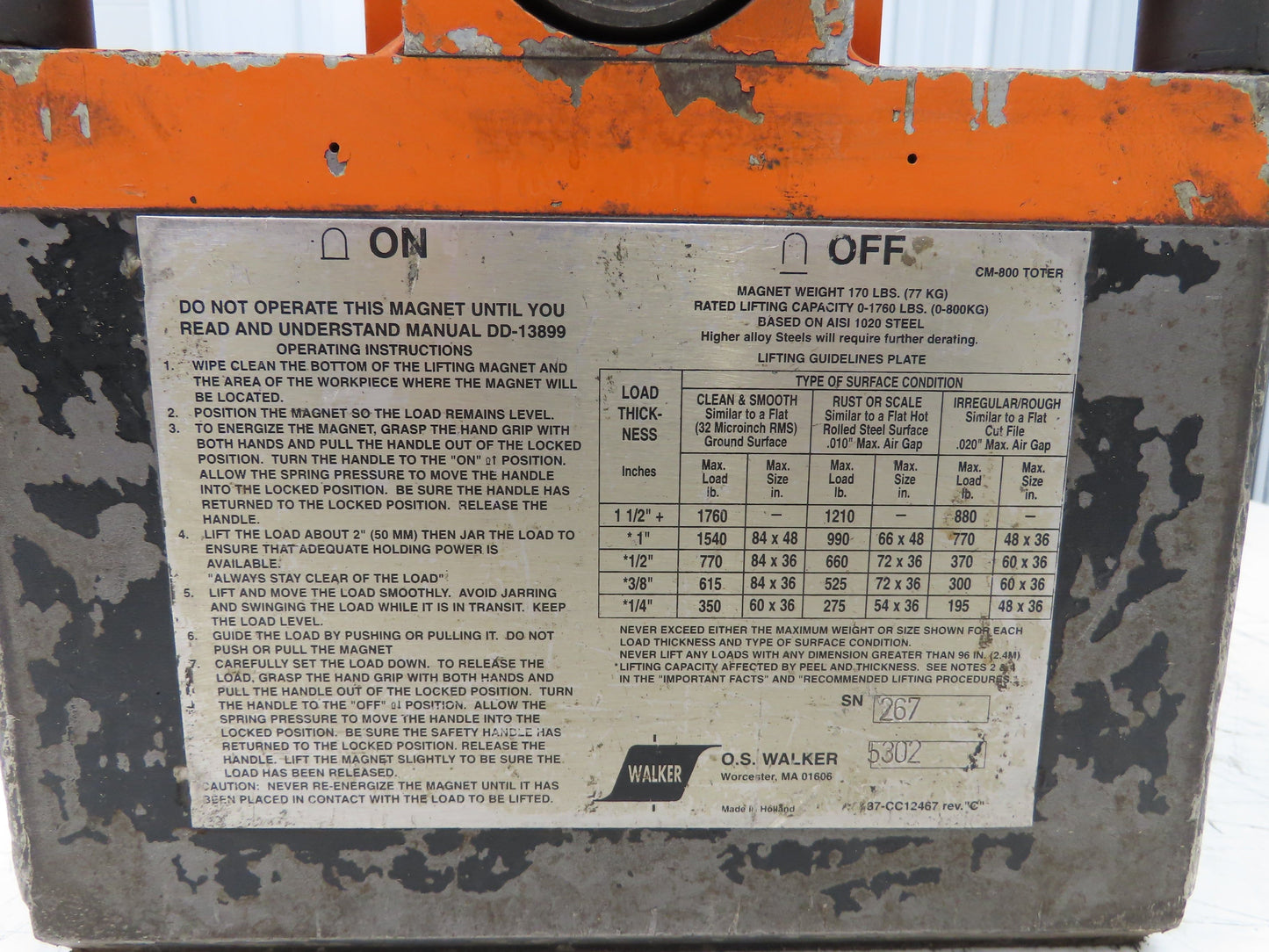 OS Walker CM-800 Toter Permanent Lift Magnet 1760 Capacity Pivoting Lifting Lug