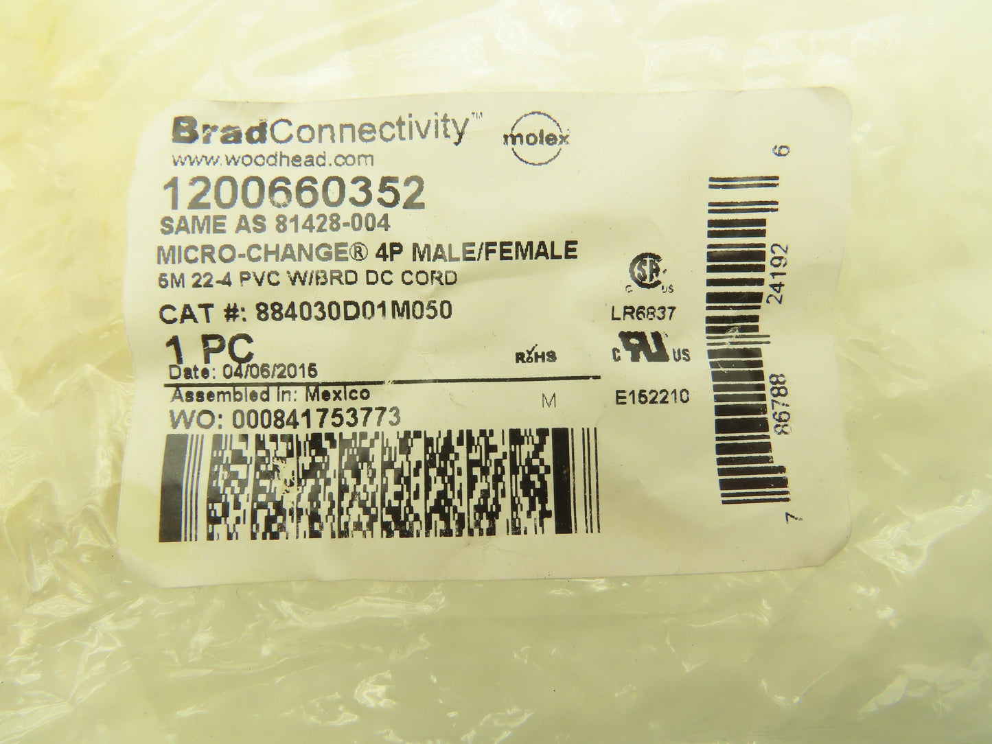 Woodhead 884030D01M050 Micro-Change M12 5 Foot 4-pin Male 4-wireCable Lot of 10