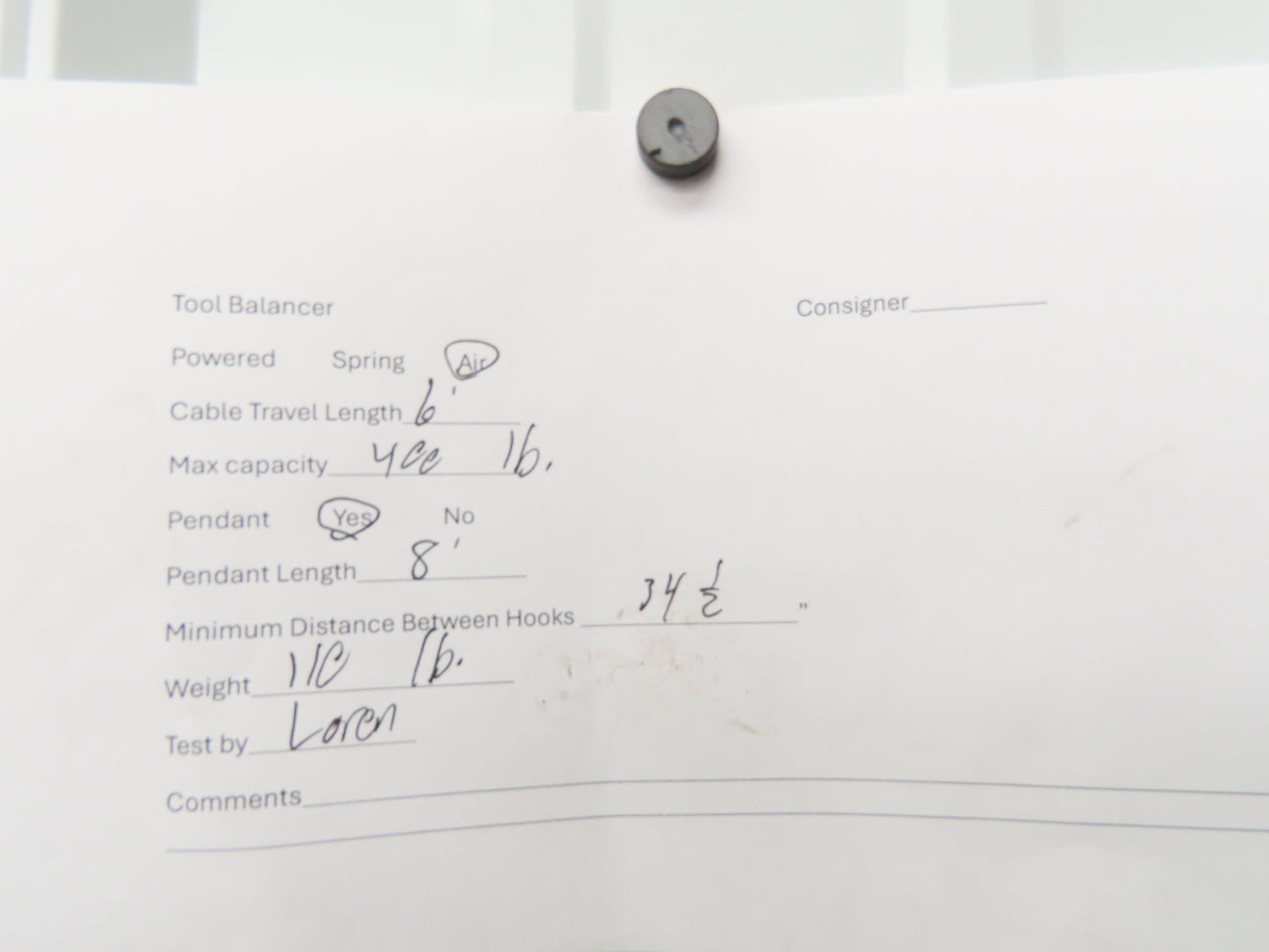 Ingersoll Zimmerman BW020120 Pneumatic Air Balancer 6' Travel 400Lb Swivel Mount