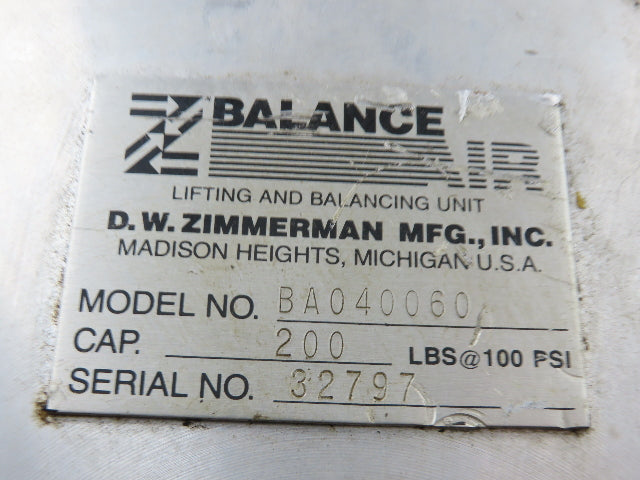 Ingersoll Zimmerman BA040060 Pneumatic Air Balancer 6' Travel 400Lb w/Load Block