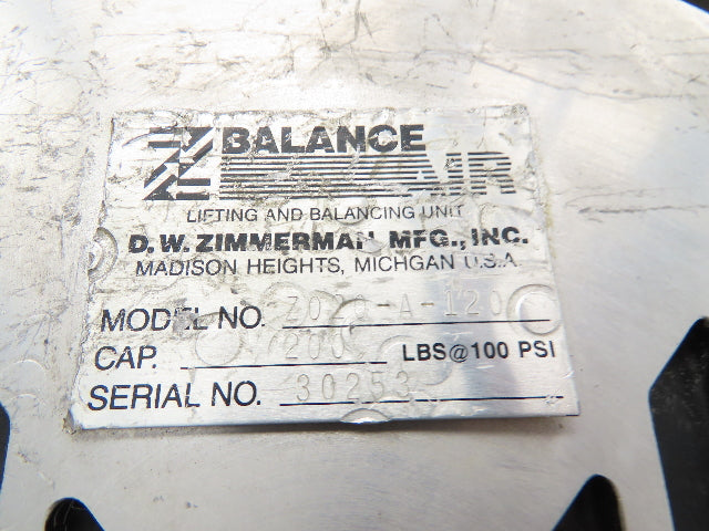 Ingersoll Zimmerman Z020A120 Pneumatic Air Balancer 6' Travel 400Lb w/Load Block