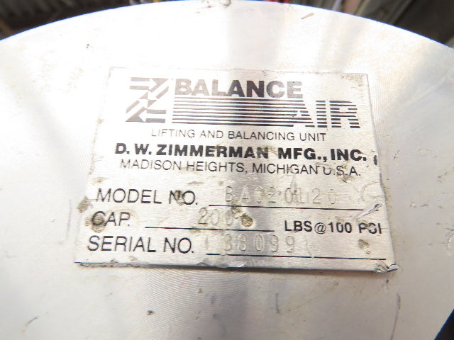 Ingersoll Zimmerman BA020120 Pneumatic Air Balancer 6' Travel 400Lb w/Load Block