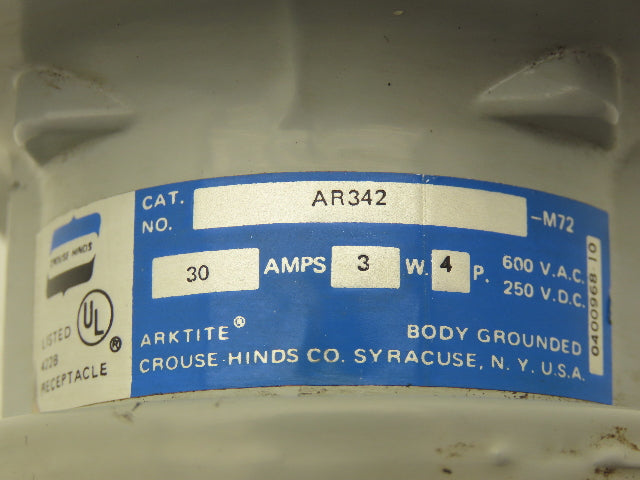 Crouse Hinds AR342 Arktite Receptacle 30A Amp 4p 3w 600VAC Pin Sleave Housing