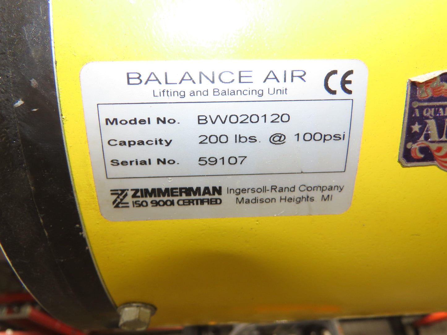Ingersoll Zimmerman BW020120 Pneumatic Air Balancer 6' Travel 400Lb Swivel Mount