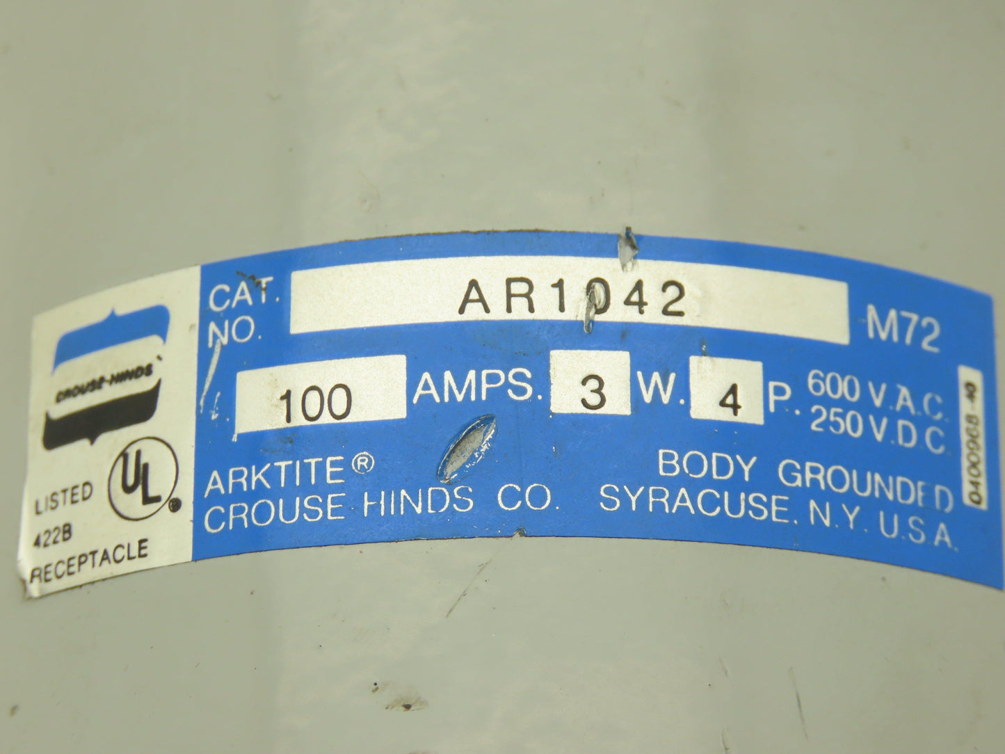 Crouse Hinds AR 1042 Arktite Receptacle 100A 4p 3w 600VAC Pin Missing Poles