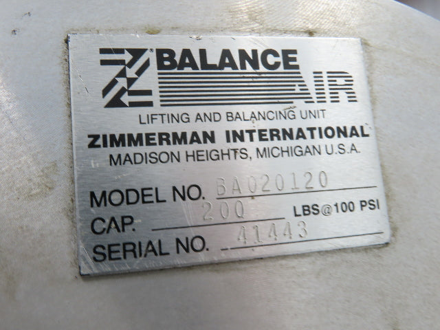 Ingersoll Zimmerman BA020120 Pneumatic Air Balancer 6' Travel 400Lb Swivel Mount