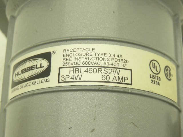 Hubbell HBL460RS2W Pin Sleeve Receptacle 60A 3P 4W 600V 3 Pole 4 Wire