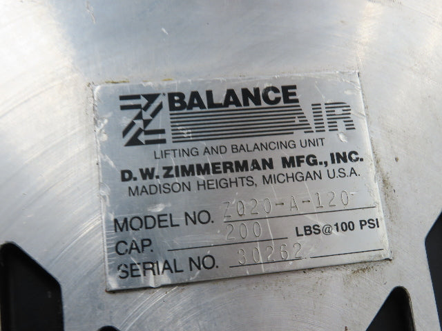 Ingersoll Zimmerman Z020A120 Pneumatic Air Balancer 6' Travel 400Lb Swivel Mount