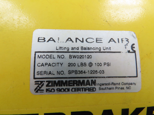 Ingersoll Zimmerman BW020120 Pneumatic Air Balancer 6' Travel 400Lb Swivel Mount