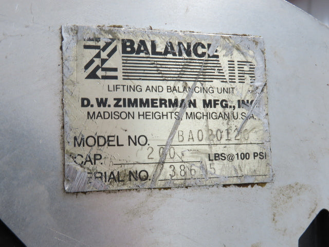 Ingersoll Zimmerman BA020120 Pneumatic Air Balancer 6' Travel 400Lb Swivel Mount