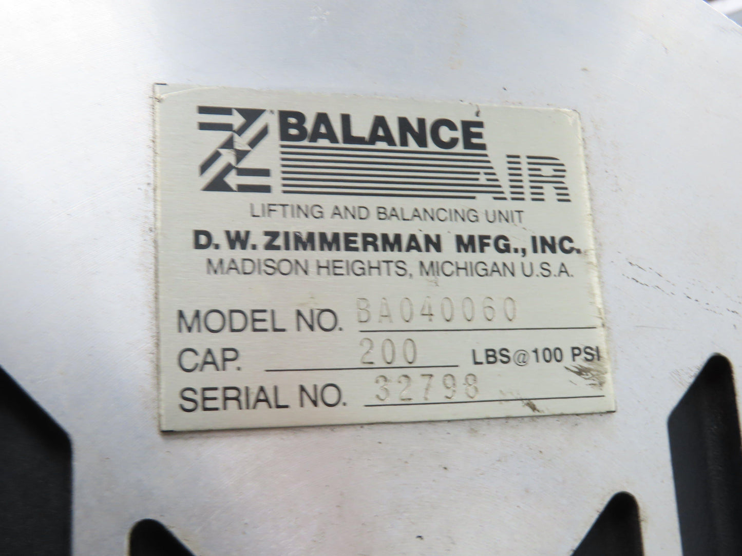 Ingersoll Zimmerman BA040060 Pneumatic Air Balancer 6' Travel 400Lb Swivel Mount