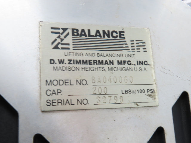 Ingersoll Zimmerman BA040060 Pneumatic Air Balancer 6' Travel 400Lb Swivel Mount