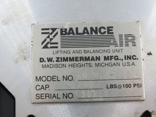 Ingersoll Zimmerman Z020A120 Pneumatic Air Balancer 6' Travel 400Lb Swivel Mount