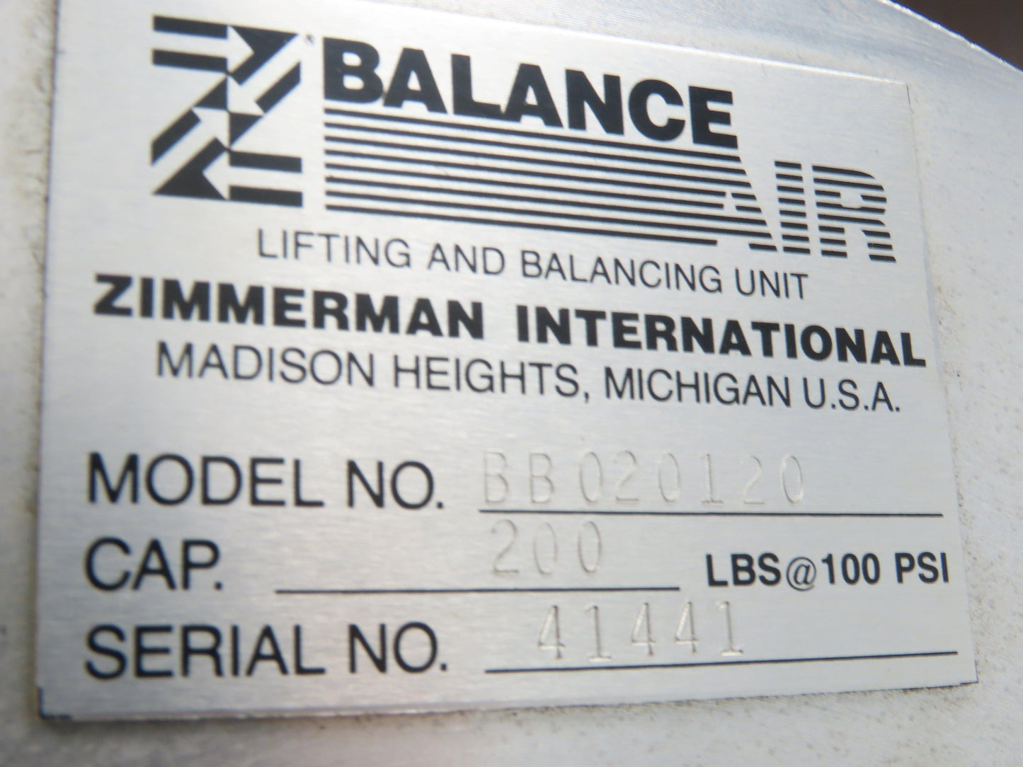 Ingersoll Zimmerman BB020120 Pneumatic Air Balancer 6' Travel 400Lb w/Load Block