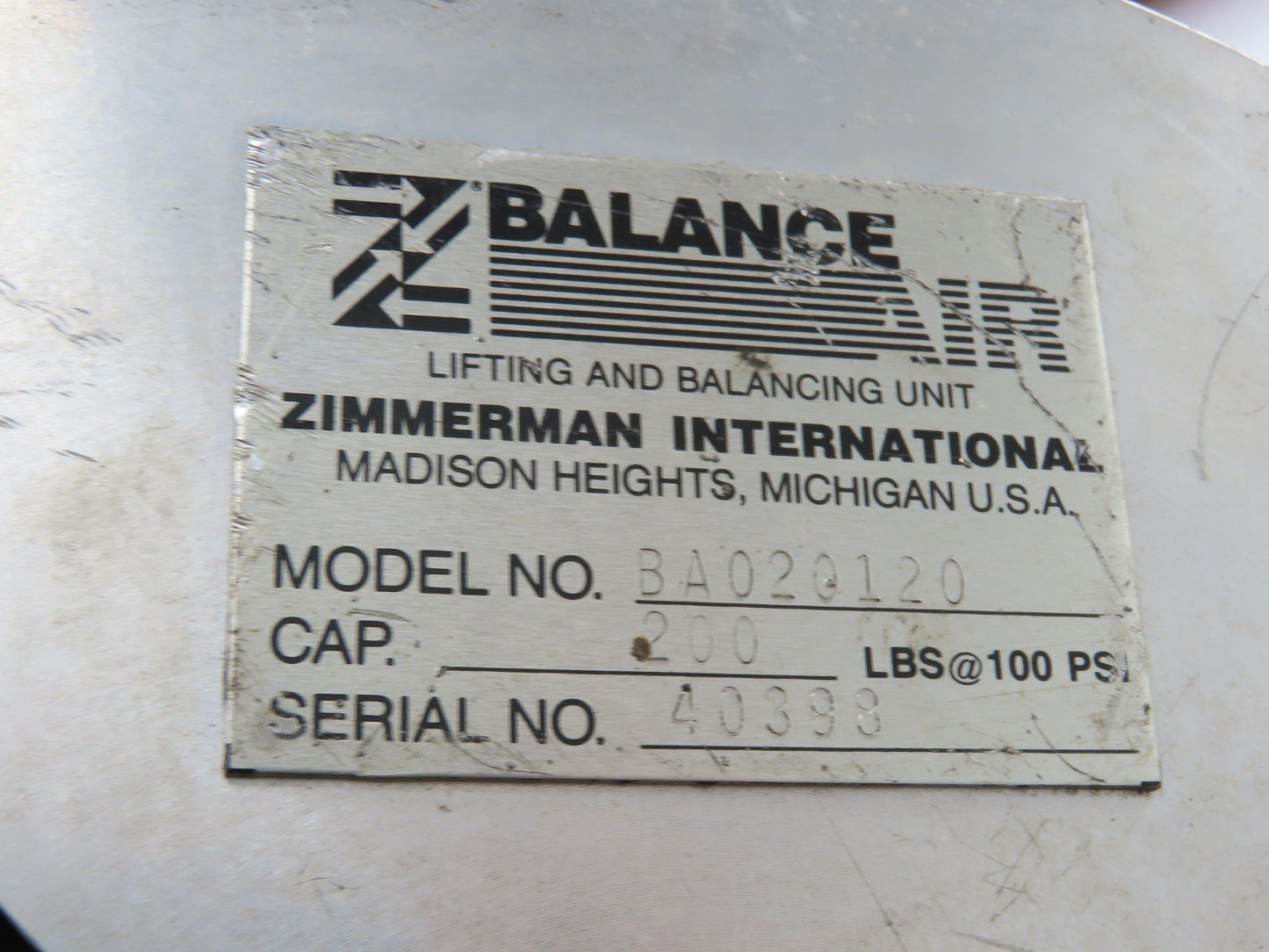 Ingersoll Zimmerman BA020120 Pneumatic Air Balancer 6' Travel 400Lb w/Load Block