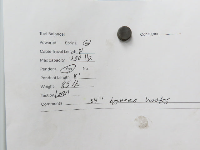 Ingersoll Zimmerman Z020A120 Pneumatic Air Balancer 6' Travel 400Lb w/Load Block