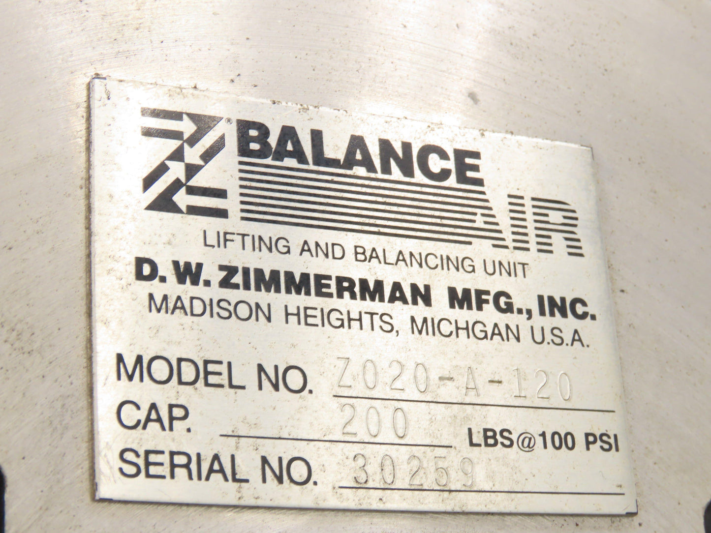Ingersoll Zimmerman Z020A120 Pneumatic Air Balancer 6' Travel 400Lb w/Load Block