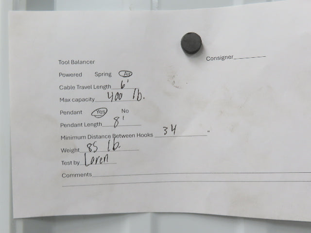 Ingersoll Zimmerman Z040-W-060 Pneumatic Air Balancer 6' Travel 400Lb Load Block