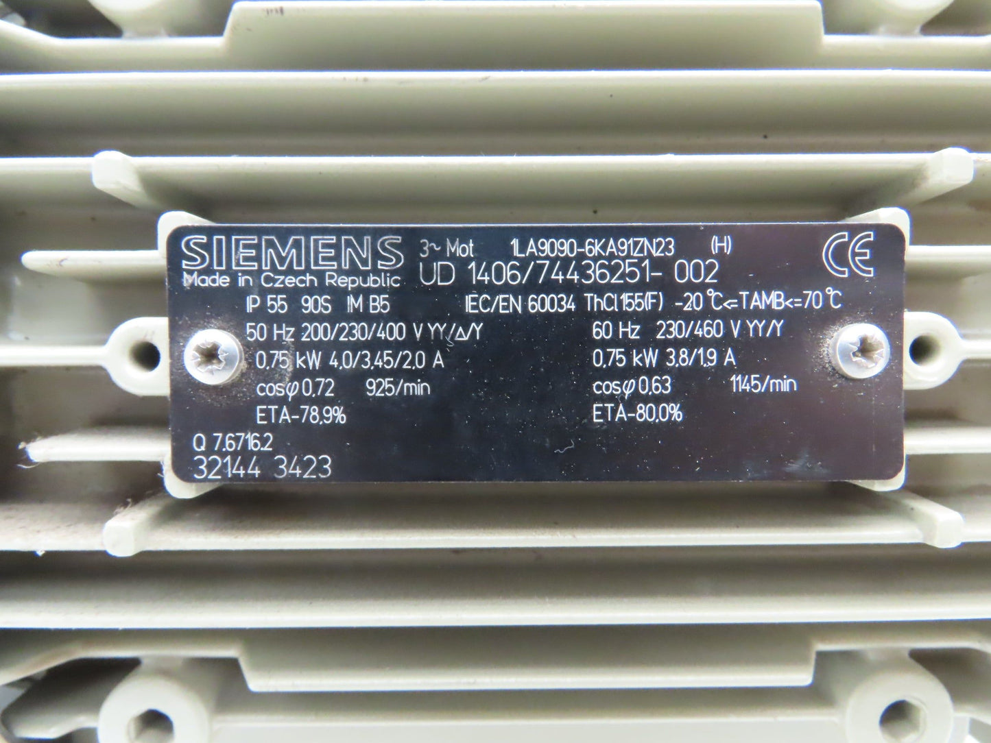 Siemens 1LA9090-6KA91ZN23 Metric AC Motor .75kw 1145rpm 230/460V 3PH IEC 90
