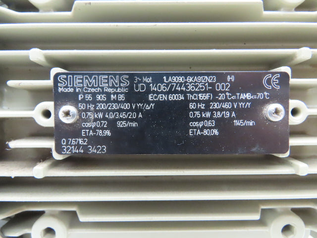 Siemens 1LA9090-6KA91ZN23 Metric AC Motor .75kw 1145rpm 230/460V 3PH IEC 90