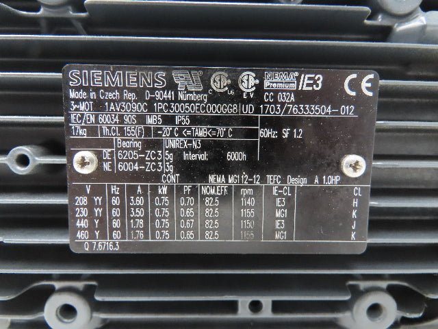 Siemens 1AV3090C Metric AC Motor .75kw 1155rpm 230/460V 3PH IEC 90 Frame