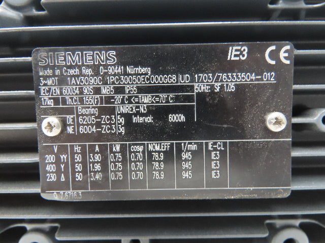 Siemens 1AV3090C Metric AC Motor .75kw 1155rpm 230/460V 3PH IEC 90 Frame