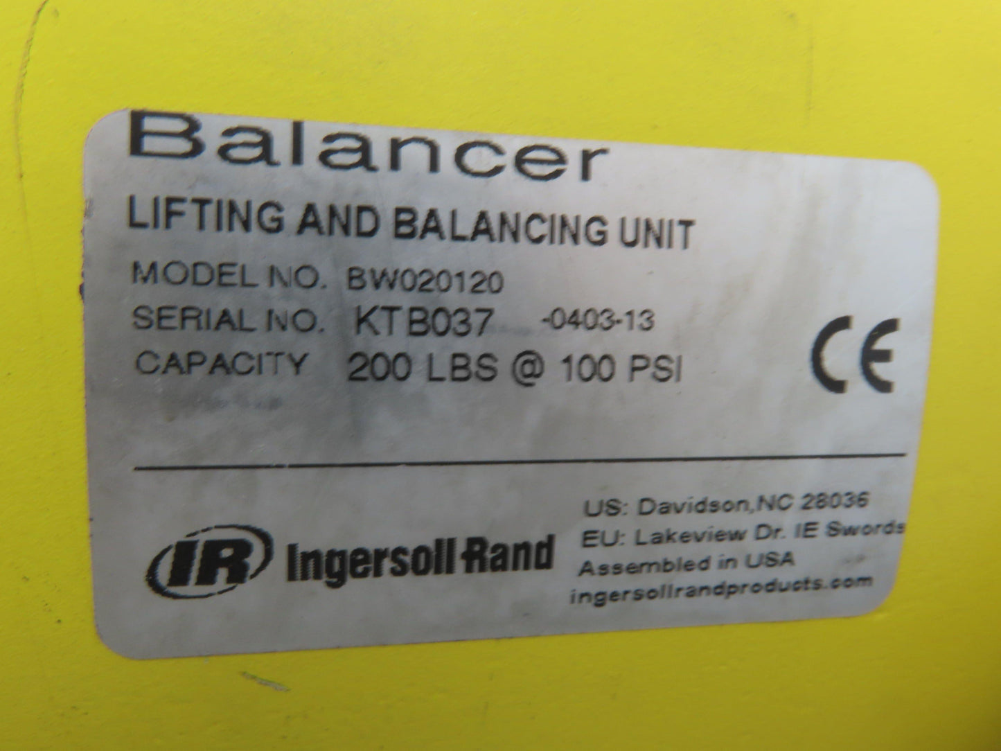 Ingersoll Zimmerman BW020120 Pneumatic Air Balancer 6' Travel 400Lb Swivel Mount