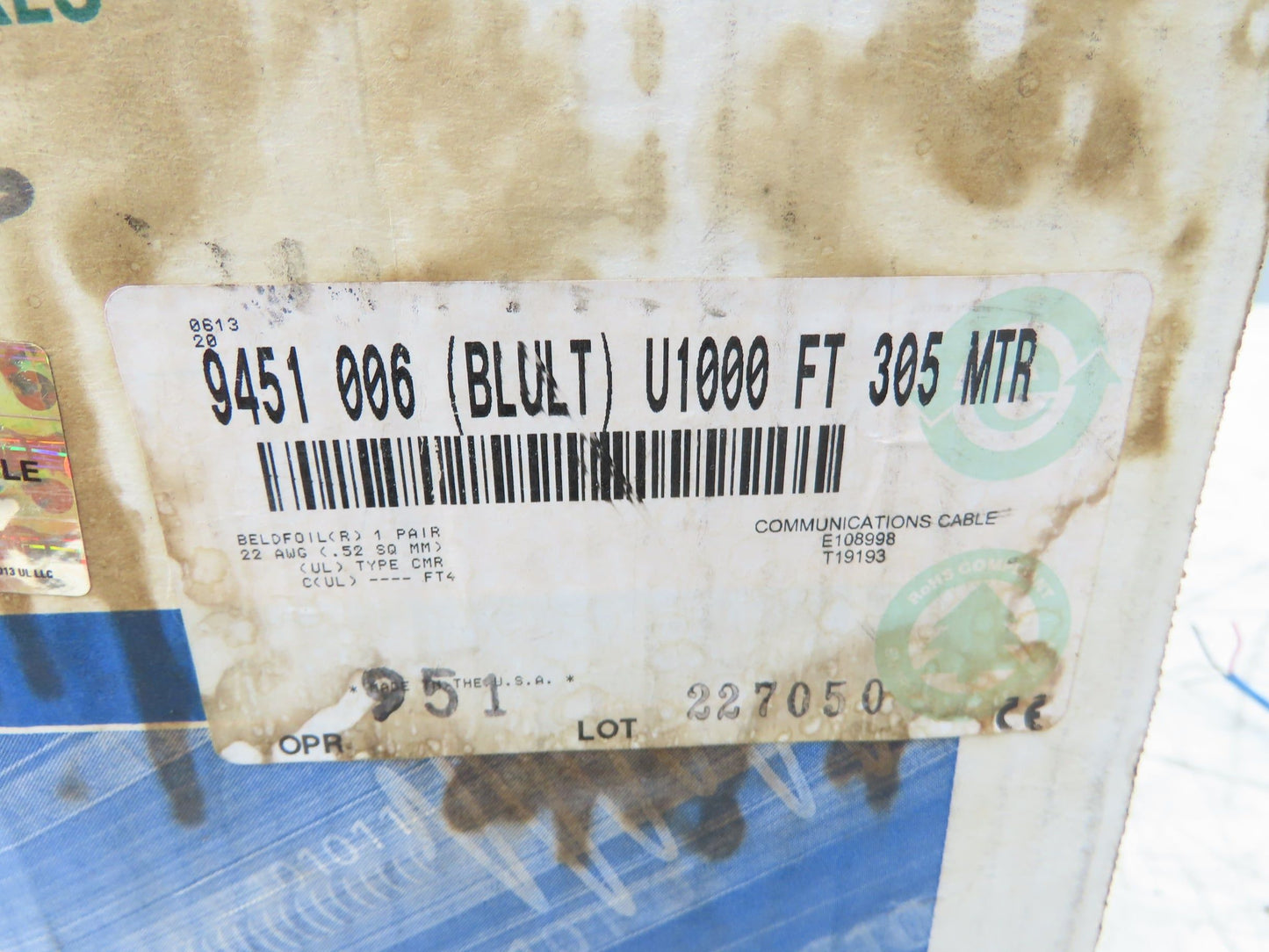 Belden 9451 006 Wire Spool 22AWG 2 Conductor 750' Blue Shielded Cable