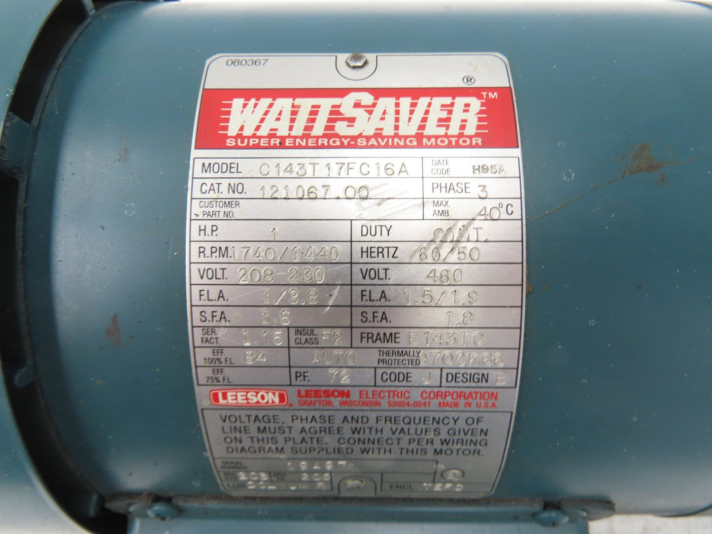 Leeson C143T17FC16A WattSaver Brake Motor 1Hp 1740rpm 230/460V 3PH 143/145TC