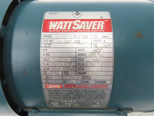 Leeson C143T17FC16A WattSaver Brake Motor 1Hp 1740rpm 230/460V 3PH 143/145TC