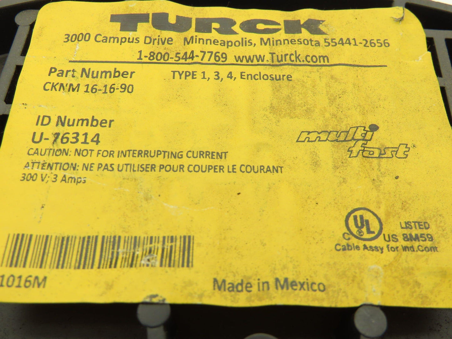 Turck CKNM 16-16-90 Actuator Sensor Cord 22AWG 16 Wire 180'
