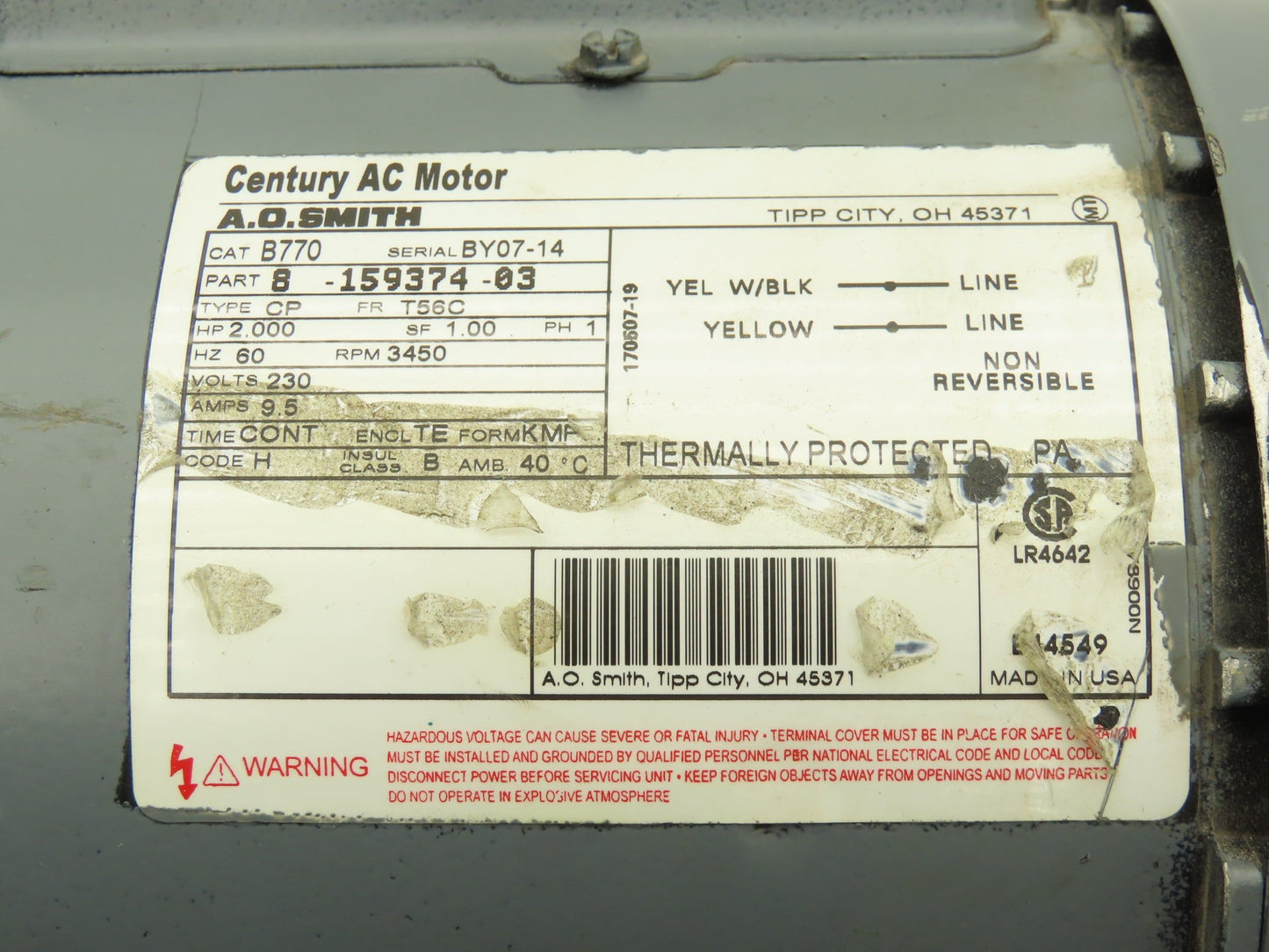 A.O Smith Century B770 Single Phase AC Motor 2Hp 3450 RPM 230V 1PH T56C