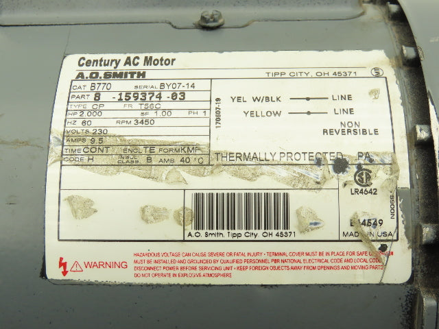 A.O Smith Century B770 Single Phase AC Motor 2Hp 3450 RPM 230V 1PH T56C