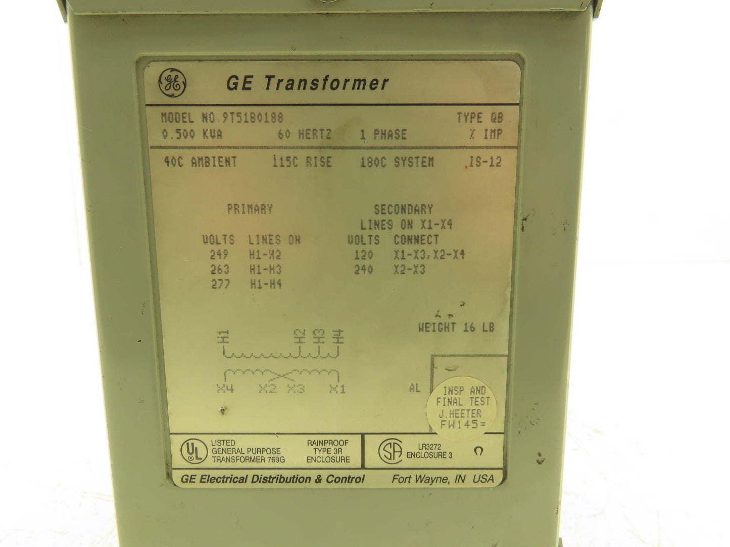 General Electric 9T51B0188 Power Transformer 0.5kva 1Ph HV249/263/277 LV120/240