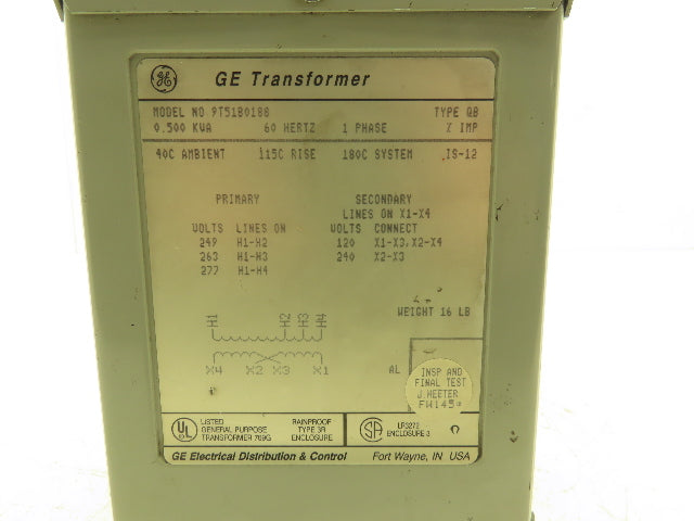 General Electric 9T51B0188 Power Transformer 0.5kva 1Ph HV249/263/277 LV120/240