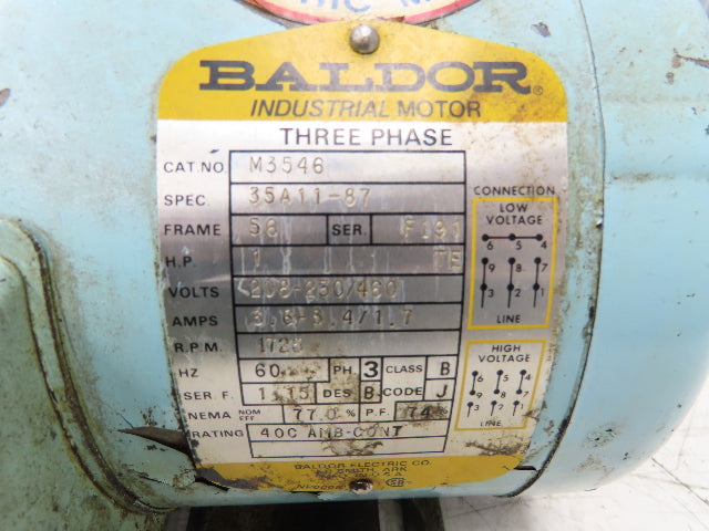 Baldor M3546 Industrial AC Motor 1Hp 1725 RPM 230/460V 3PH 56 Frame TE