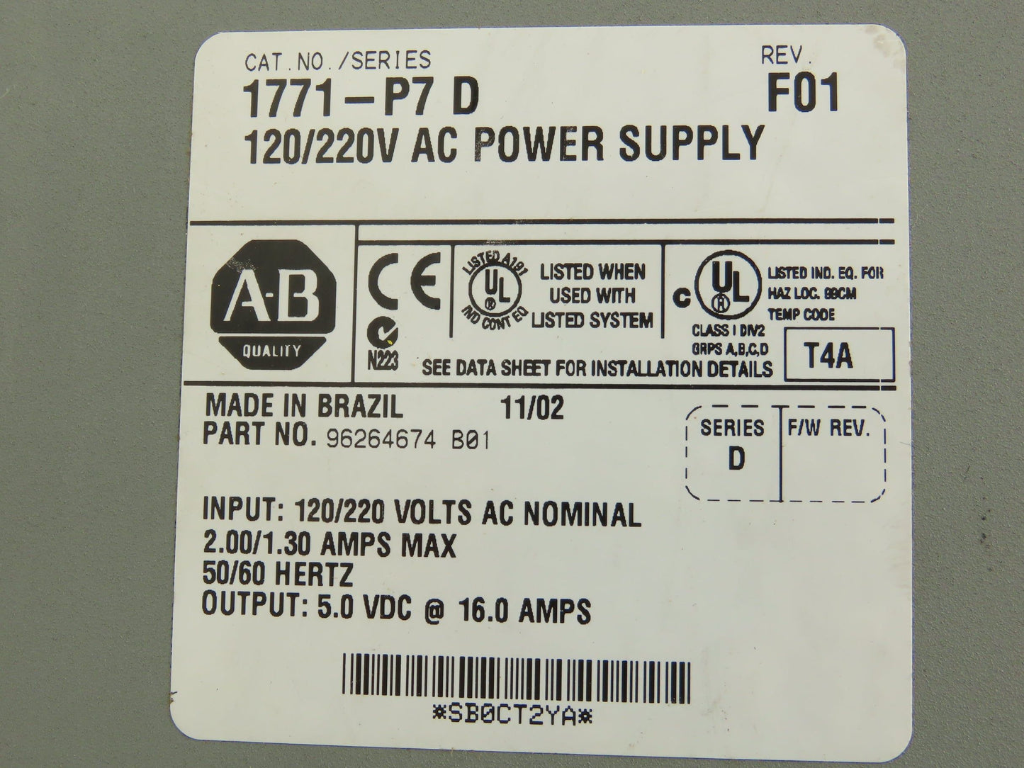 Allen Bradley 1771-A2B 1771-PS7 Power Supply 8-Slot Chassis Assembly