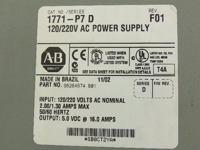Allen Bradley 1771-A2B 1771-PS7 Power Supply 8-Slot Chassis Assembly