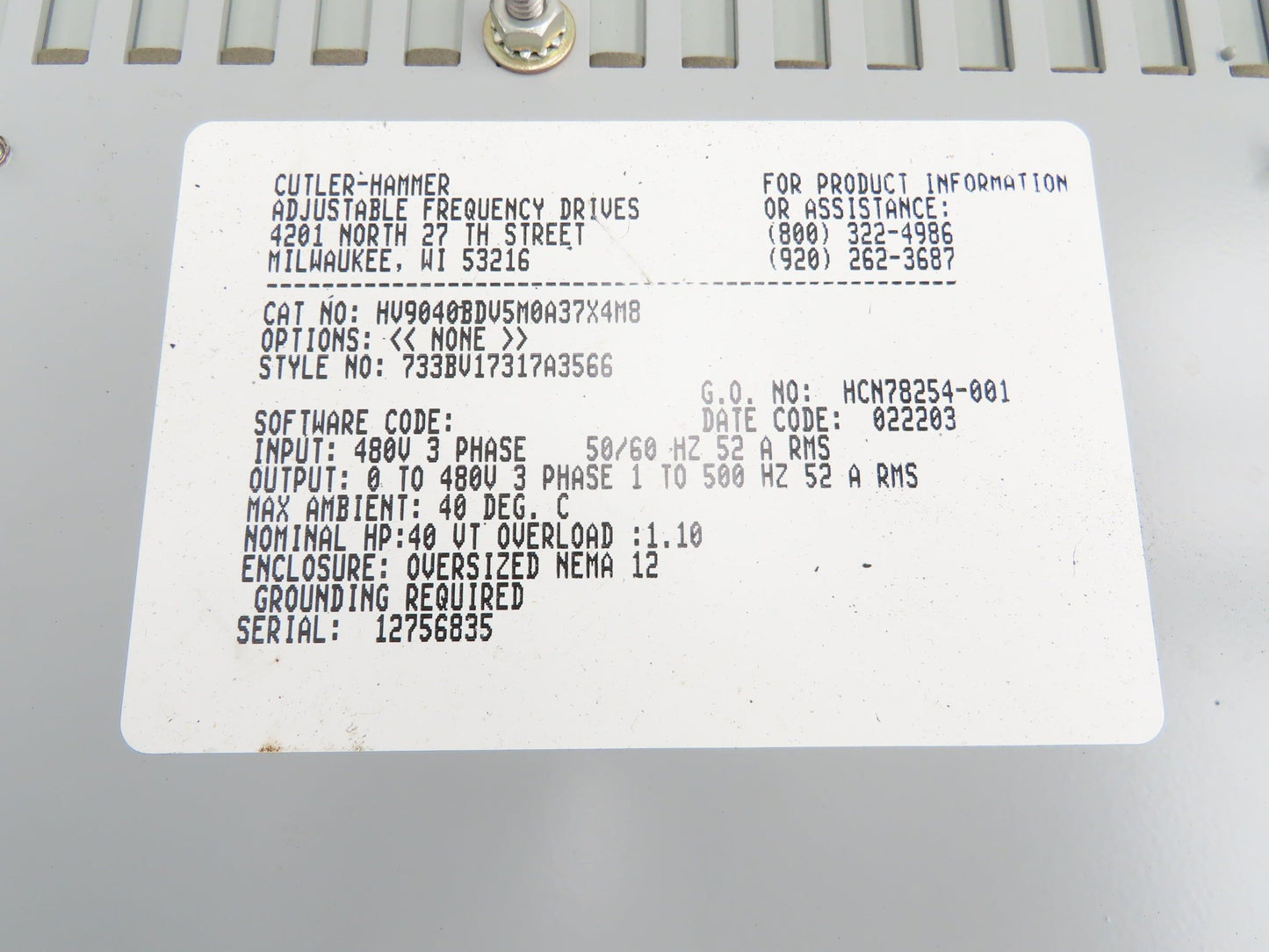 Cutler Hammer HV9040 VFD Adjustable Speed Drive 40HP 480V Oversized Enclosure